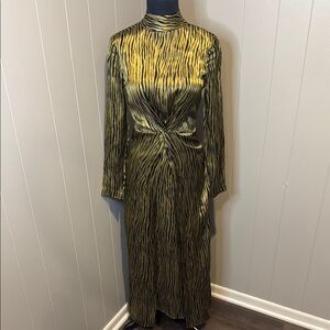 Green & Black Mock Neck Animal Print Silky Pleated Long Sleeve Cocktail Maxi XS